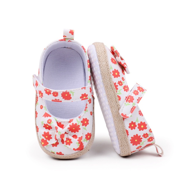 Pantofiori bebelusi cu model floral portocaliu si fundita (marime disponibila: