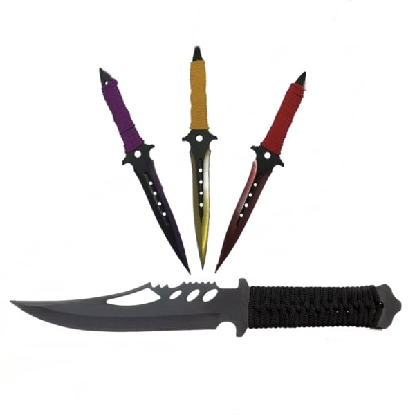 Set cutit de vanatoare extreme battle si trei cutite de aruncat, ninja assasin, ideallstore®, otel inoxidabil, teaca inclusa