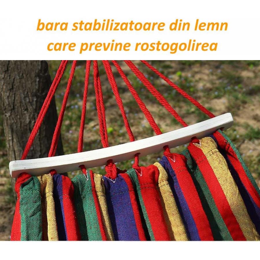 Hamac multicolor cu bara stabilizatoare din lemn