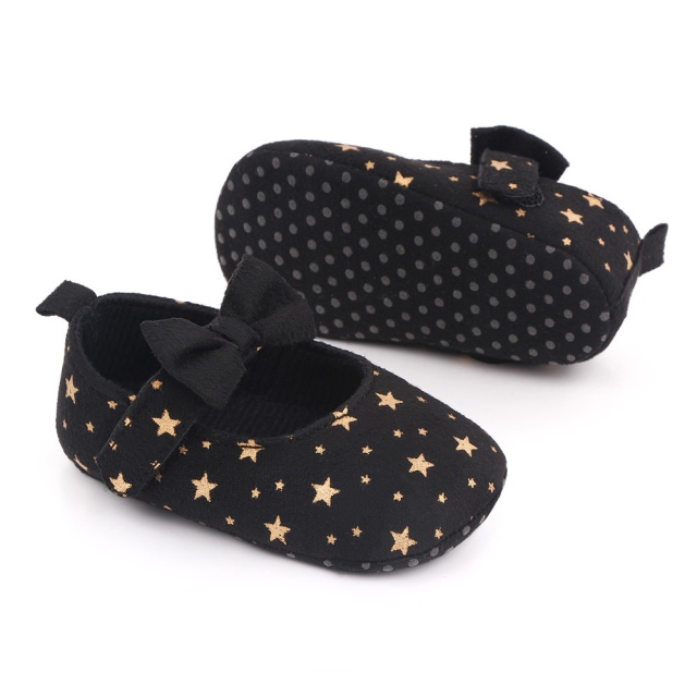 Pantofiori bebelusi negri cu stelute aurii si fundita eleganta (marime