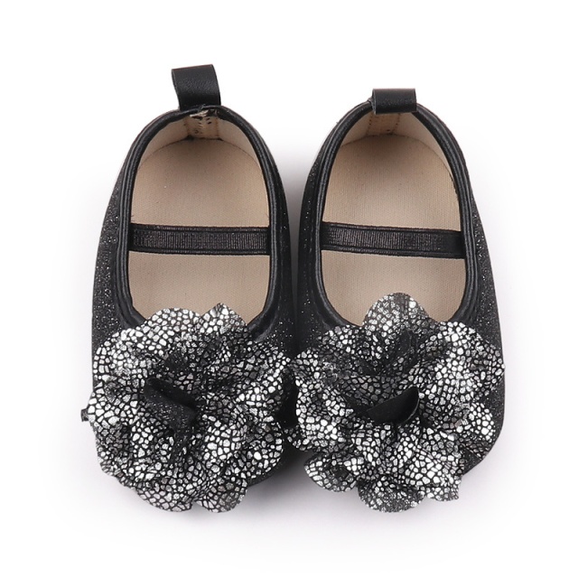 Pantofiori eleganti negri cu sclipici si floare argintie (marime disponibila: