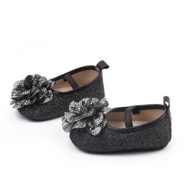 Pantofiori eleganti negri cu sclipici si floare argintie (marime disponibila: