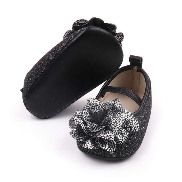 Pantofiori eleganti negri cu sclipici si floare argintie (marime disponibila: