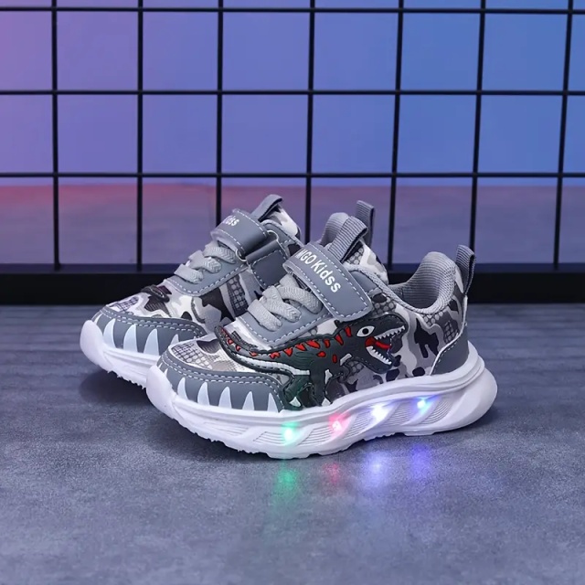 Pantofi sport copii cu luminițe led și design dinozaur gri (marime disponibila:
