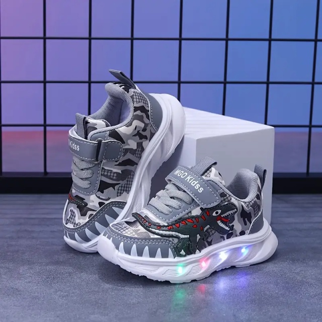 Pantofi sport copii cu luminițe led și design dinozaur gri (marime disponibila: