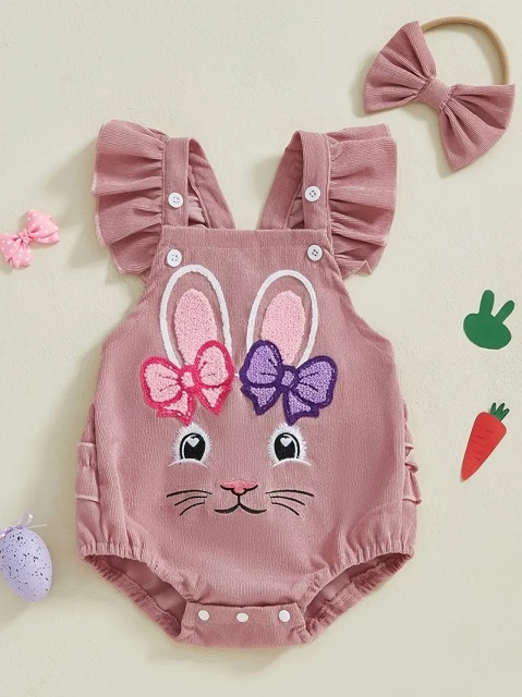 Salopeta adorabila pentru bebelusi cu imprimeu iepuras si fundite (marime