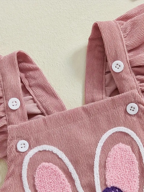 Salopeta adorabila pentru bebelusi cu imprimeu iepuras si fundite (marime