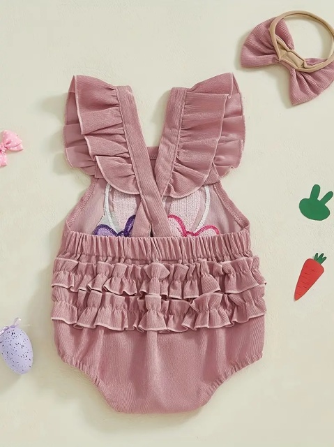 Salopeta adorabila pentru bebelusi cu imprimeu iepuras si fundite (marime