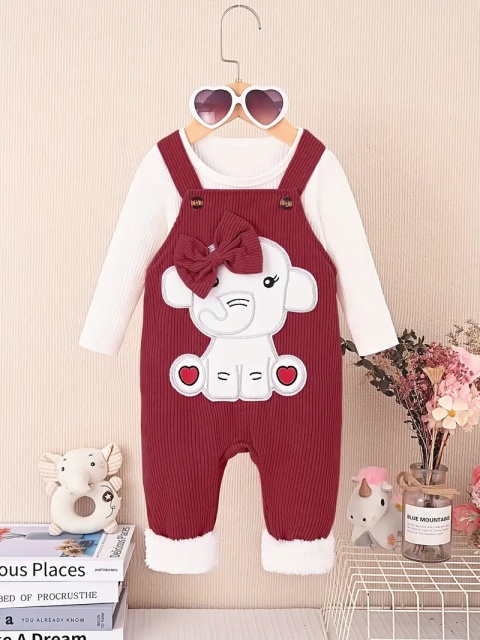 Set salopeta visinie si bluzita alba - elefantel (marime disponibila: 9-12 luni