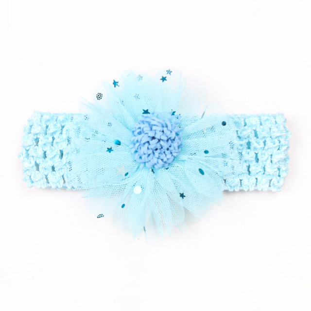 Bentita bleu pentru fetite - floarea dantelata cu stelute