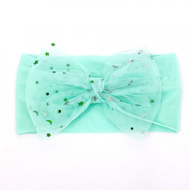 Bentita vernil lata cu fundita din tulle cu stelute aplicata