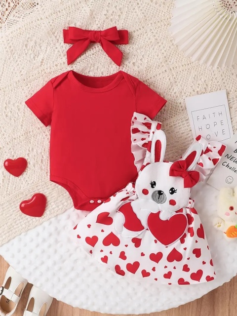 Set sarafan alb cu inimioare si body rosu (marime disponibila: 9-12 luni