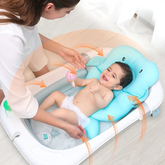 Cadita mare pliabila albastra cu termometru si pernuta – pentru bebelusi