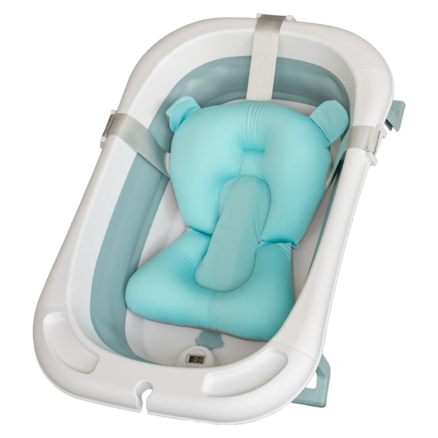 Cadita mare pliabila albastra cu termometru si pernuta – pentru bebelusi