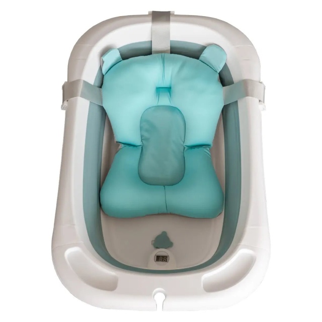 Cadita mare pliabila albastra cu termometru si pernuta – pentru bebelusi