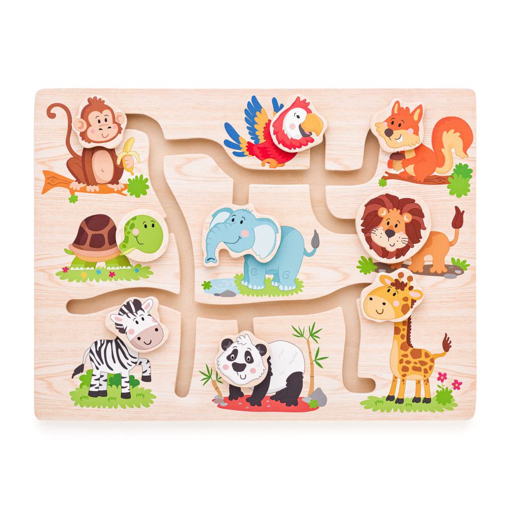 Jucarie din lemn, labirint cu portrete de animale in miscare, woodyland