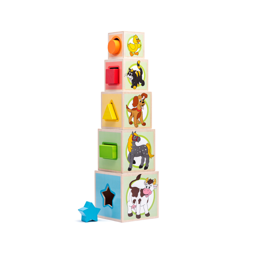 Jucarie din lemn woodyland - piramida de stivuit cu animale