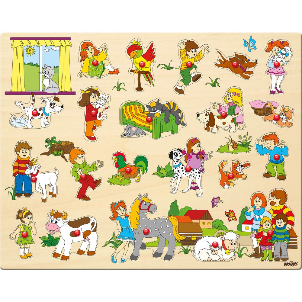 Puzzle din lemn, copii si animale, woodyland, 21 piese