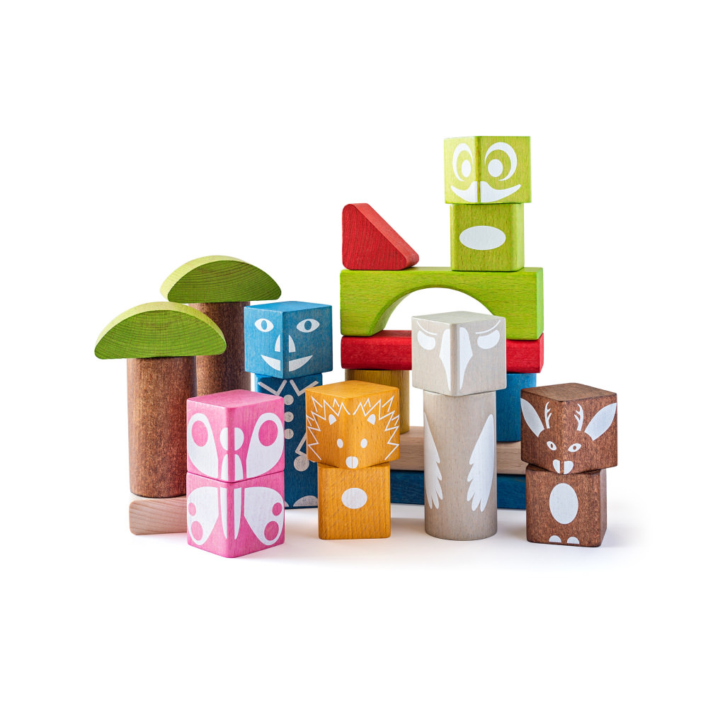 Set cuburi din lemn cu imprimeu colorat woodyland 26 piese