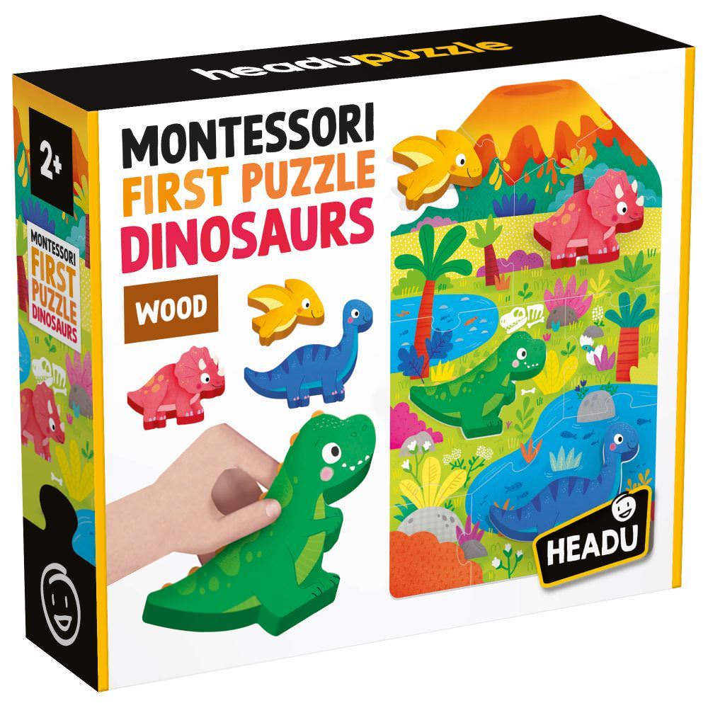 Joc montessori headu - primul meu puzzle cu dinozauri ce include 4 forme din lemn