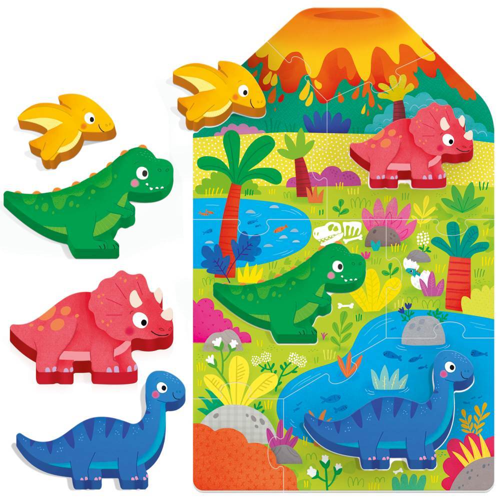 Joc montessori headu - primul meu puzzle cu dinozauri ce include 4 forme din lemn