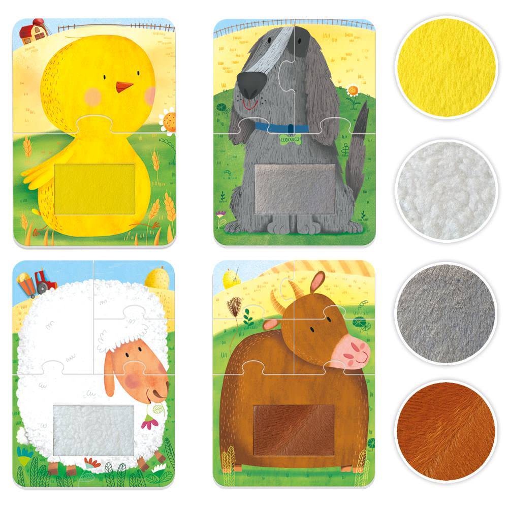 Set 4 puzzleuri tactile headu cu piese mari, animale de la ferma, pentru copiii de peste 2 ani