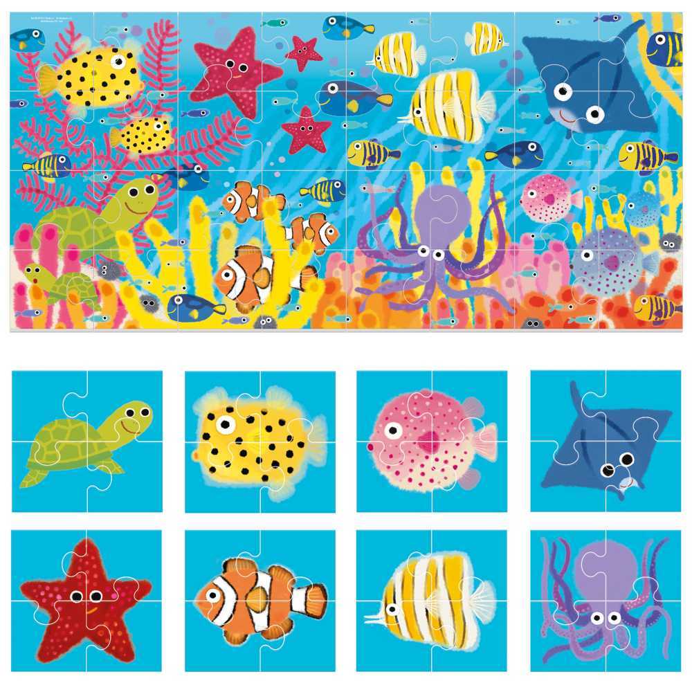 Set 8+1 puzzle headu animale marine cu piese mari imprimate pe ambele fete