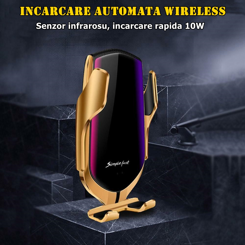Suport auto cu incarcare rapida wireless depox®, vrum-vrum friend, plastic, universal, senzor infrarosu, 13 cm, auriu