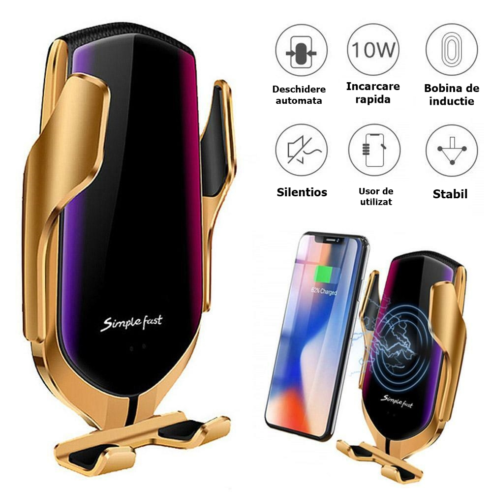 Suport auto cu incarcare rapida wireless depox®, vrum-vrum friend, plastic, universal, senzor infrarosu, 13 cm, auriu