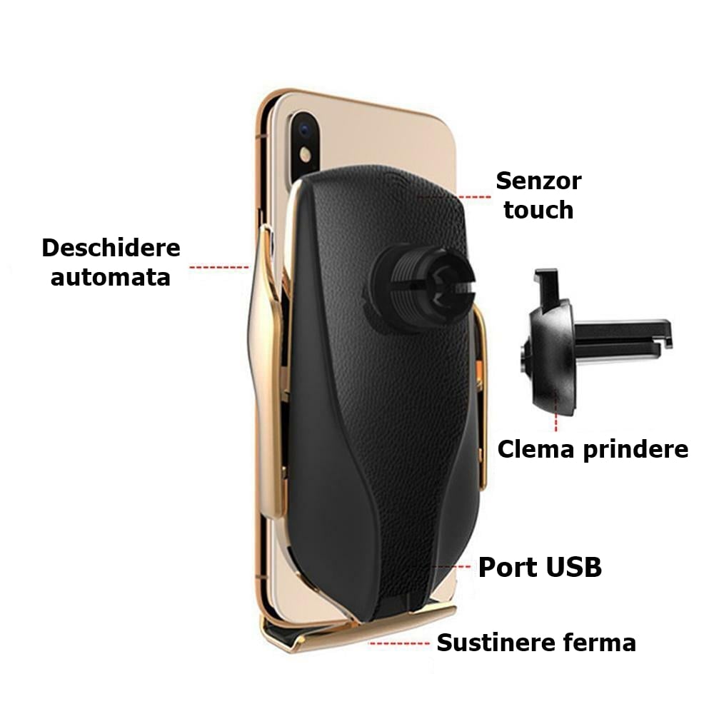 Suport auto cu incarcare rapida wireless depox®, vrum-vrum friend, plastic, universal, senzor infrarosu, 13 cm, auriu