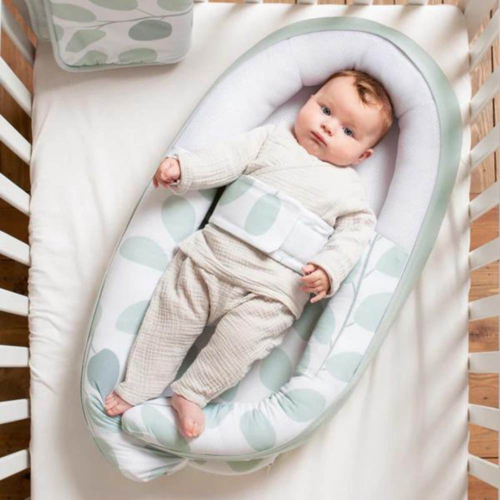 Baby nest din bumbac organic doomoo cocoon leaves aqua green