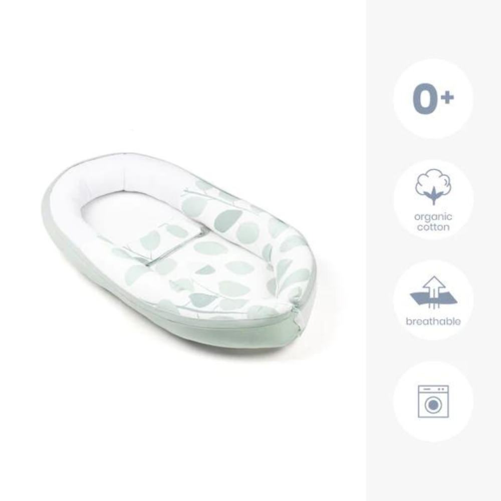Baby nest din bumbac organic doomoo cocoon leaves aqua green