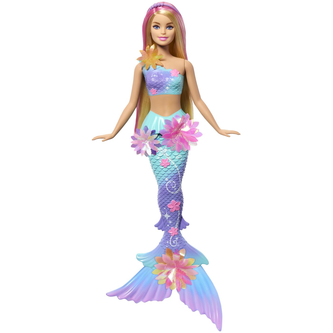 Barbie papusa sirena floare magica cu par blond si coada albastra