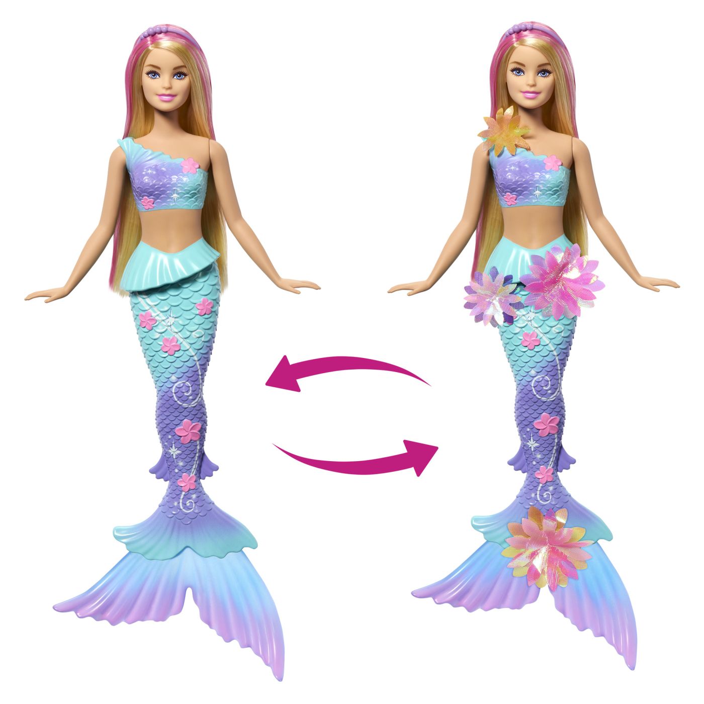 Barbie papusa sirena floare magica cu par blond si coada albastra