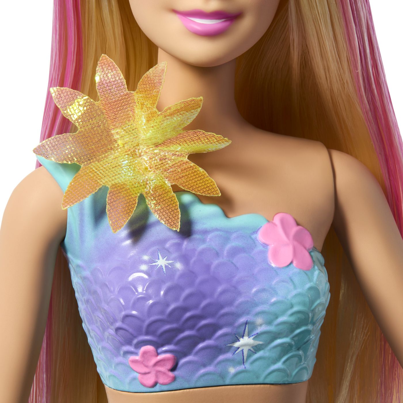 Barbie papusa sirena floare magica cu par blond si coada albastra