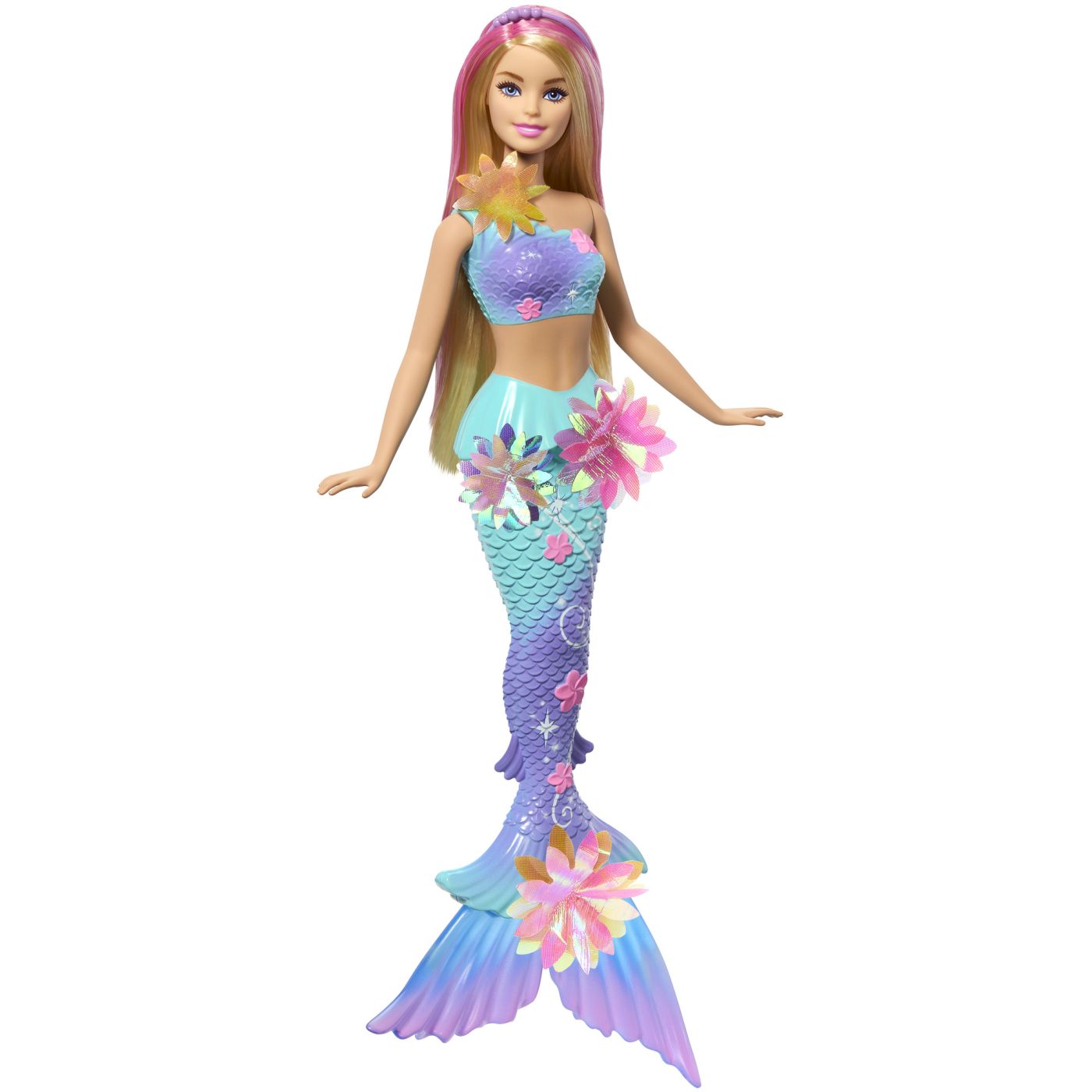 Barbie papusa sirena floare magica cu par blond si coada albastra