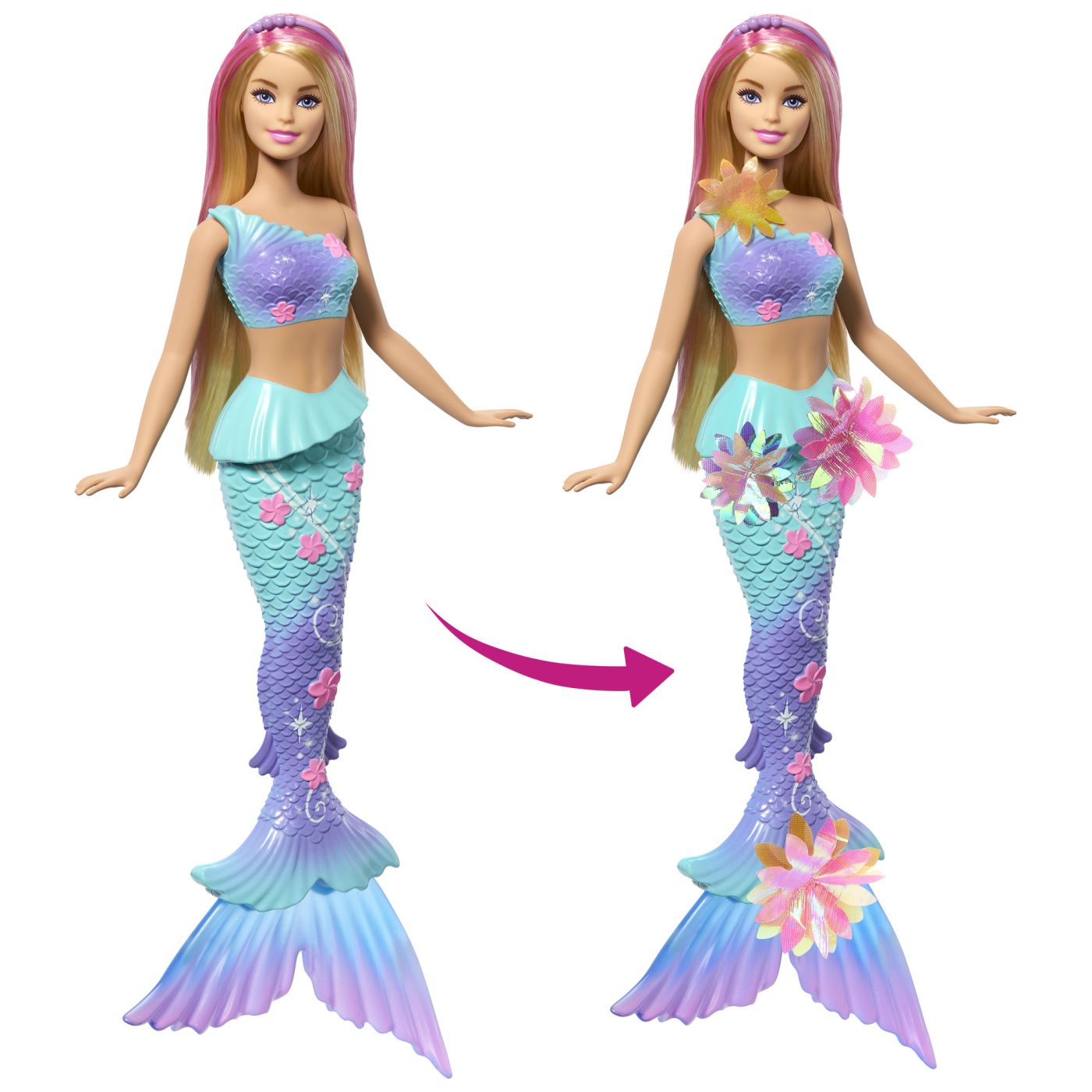 Barbie papusa sirena floare magica cu par blond si coada albastra