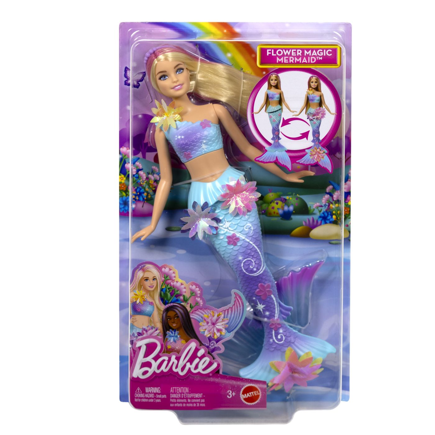 Barbie papusa sirena floare magica cu par blond si coada albastra