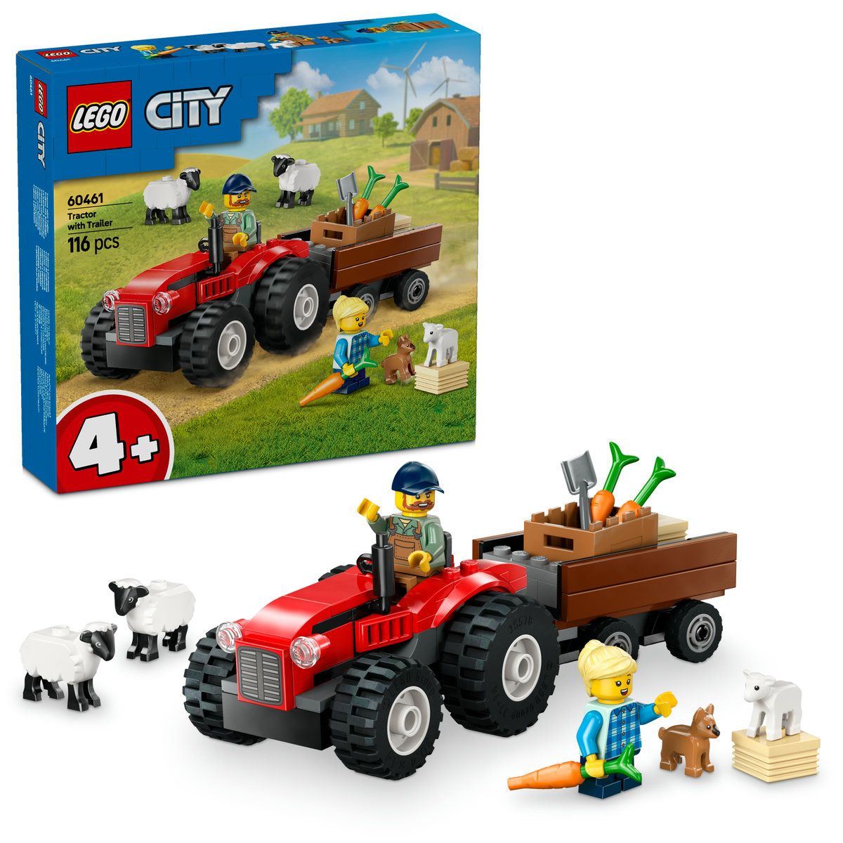 Lego city tractor de ferma rosu cu remorca si oi 60461