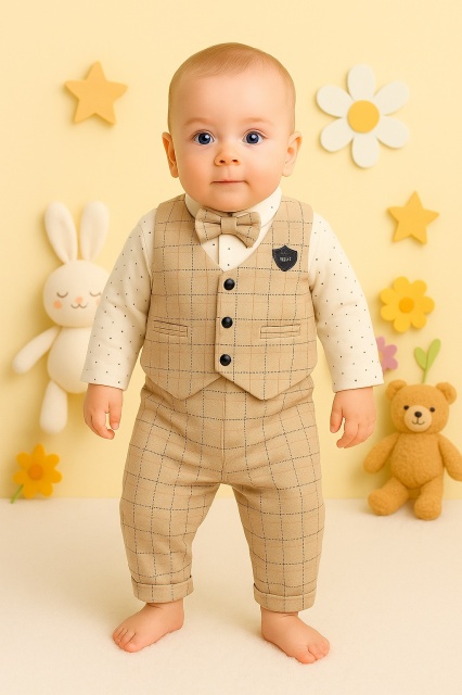 Costum elegant baietel bej cu papion, set complet pentru botez si petreceri