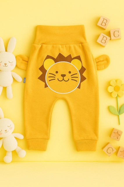 Pantaloni bebelusi tip baggy cu imprimeu leu si urechi - galben mustar (marime