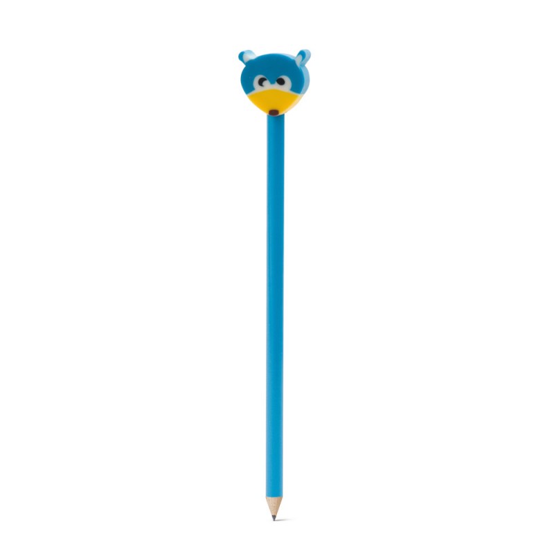 Creion cu guma, simplu, albastru din lemn, gata ascutit cu guma colorata ursulet simpatic