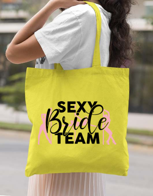 Sacosa personalizata petrecerea burlacitelor sexy bride team galben