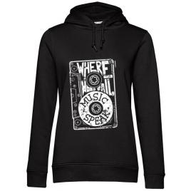 Hoodie dama cu gluga where words fail, music speaks negru