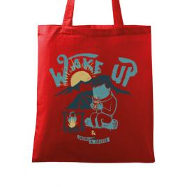 Sacosa din panza wake up and drink a coffee rosu