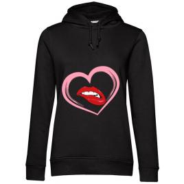 Hoodie dama cu gluga buze si inima negru