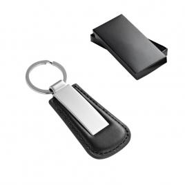 Breloc rotund din metal si piele, in cutie cadou