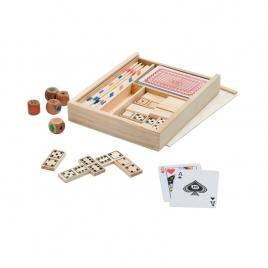Set de jocuri de familie 4 in 1, incutie din lemn, domino, mikado, carii si zaruri
