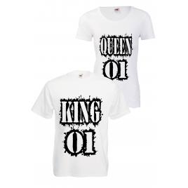 Set 2 tricouri cuplu king queen, alb, dama S, barbat L