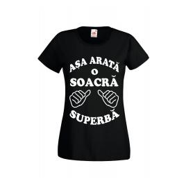 Tricou dama personalizat Fruit of the loom negru Asa arata o soacra superba 2XL